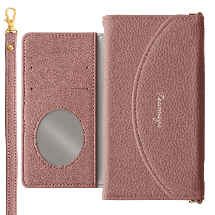 Vegan leather tri-fold smoky color printed name strap attached notebook-style case iPhone series