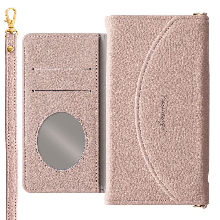 Vegan leather tri-fold smoky color printed name strap attached notebook-style case iPhone series