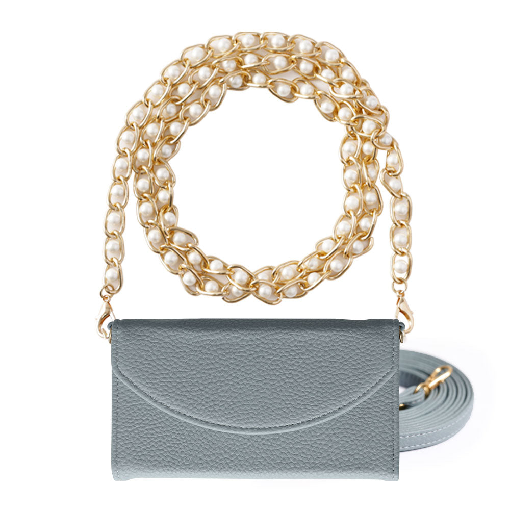 Vegan leather tri-fold smoky color pearl strap attached wallet case for iPhone series