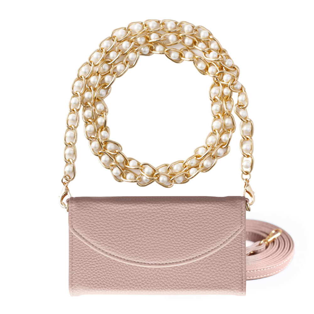 Vegan leather tri-fold smoky color pearl strap attached wallet case for iPhone series