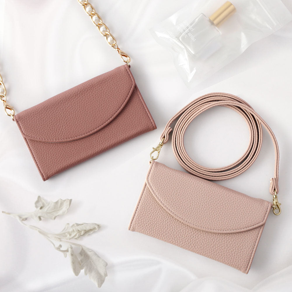 Vegan leather tri-fold smoky color pearl strap attached wallet case for iPhone series