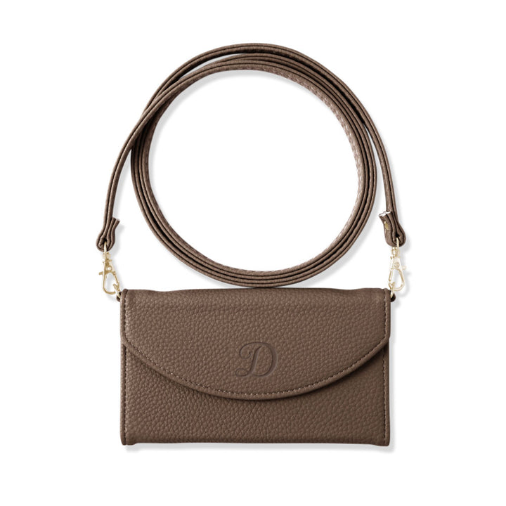 ヴィーガンレザー 三つ折り スモーキー色 イニシャル ストラップ付き 手帳型ケース