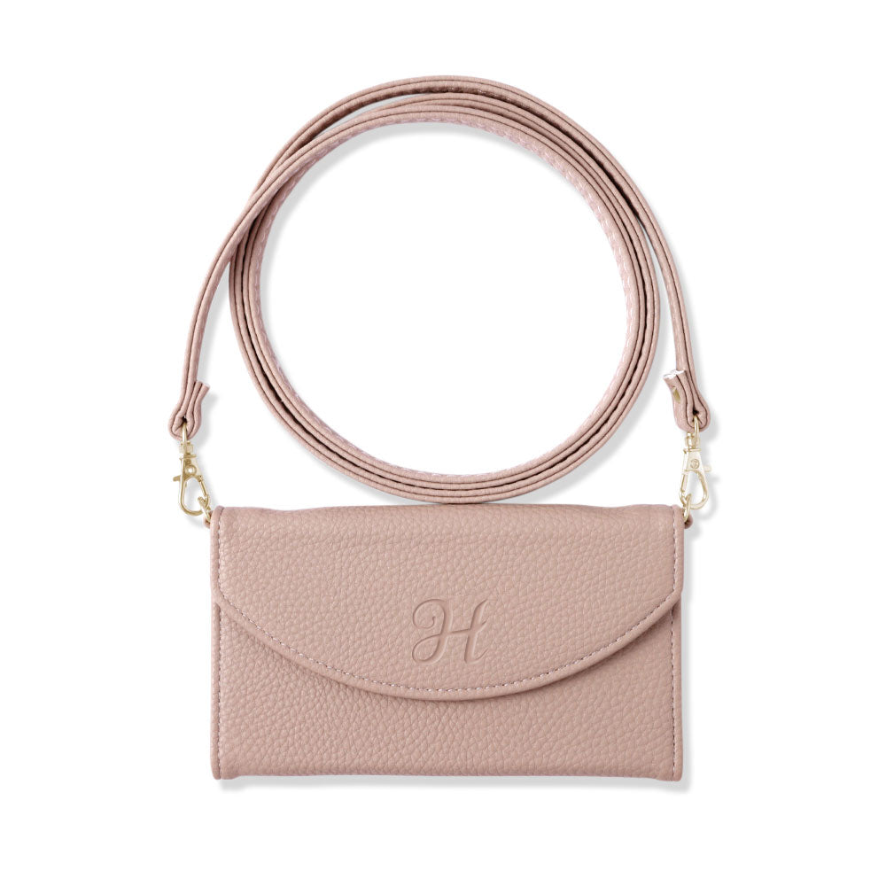 ヴィーガンレザー 三つ折り スモーキー色 イニシャル ストラップ付き 手帳型ケース