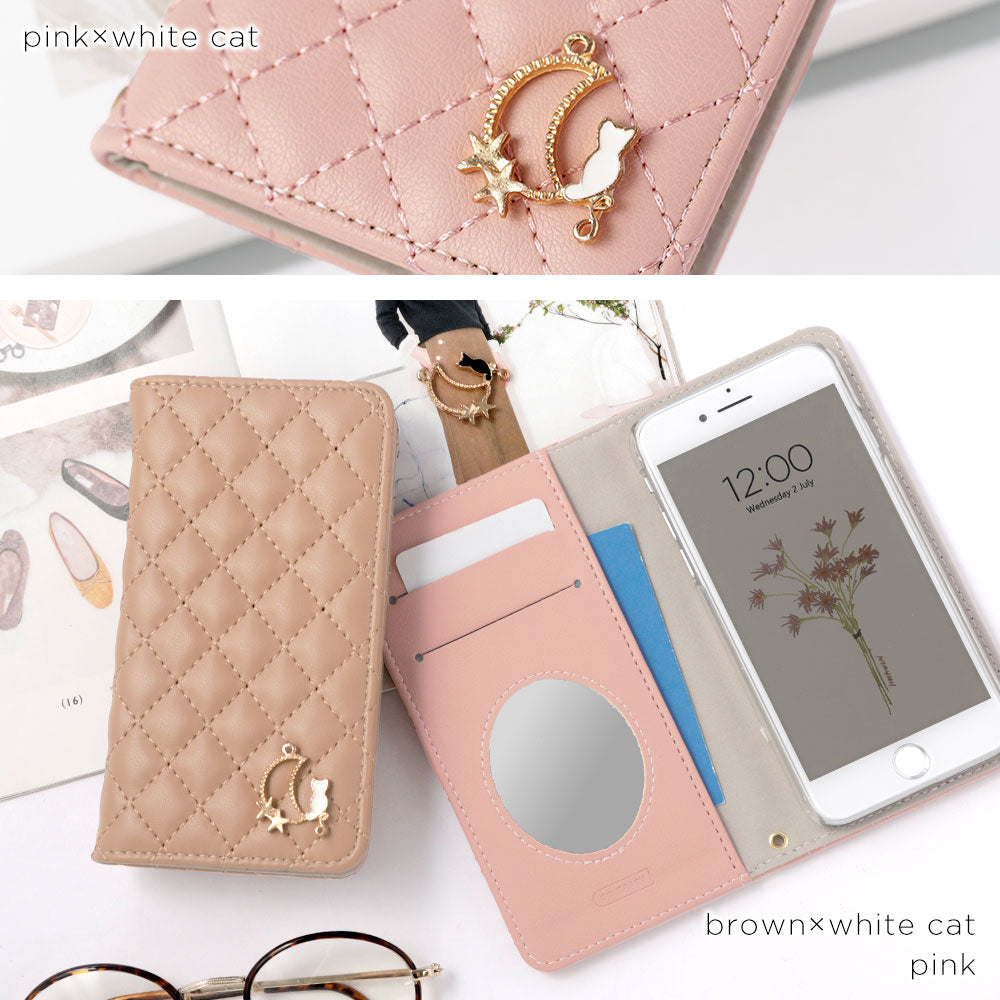 Quilted Moon Cat Deco Wallet Case with Mirror