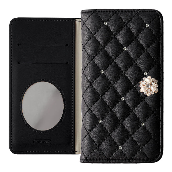 キルティング ミラー付き クリスタルパールデコ 手帳型ケース