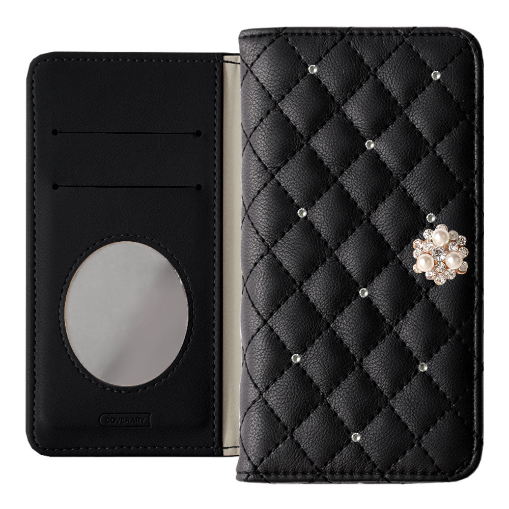 キルティング ミラー付き クリスタルパールデコ 手帳型ケース AQUOSシリーズ