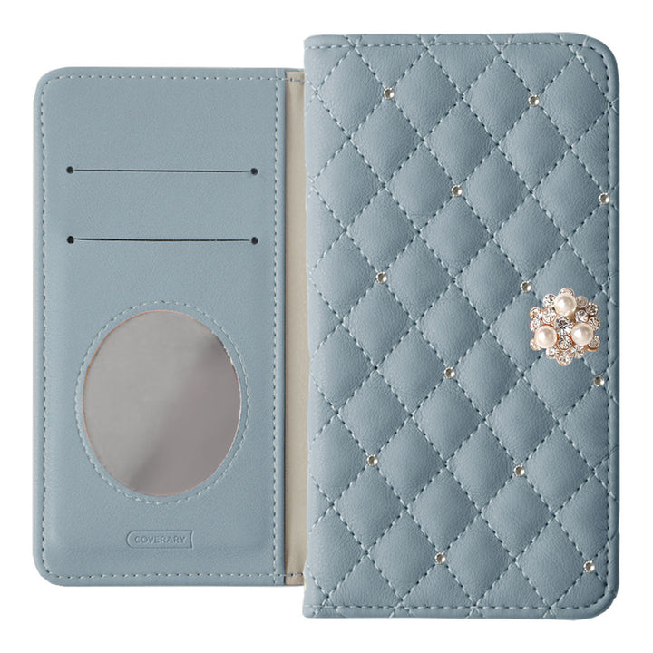 キルティング ミラー付き クリスタルパールデコ 手帳型ケース