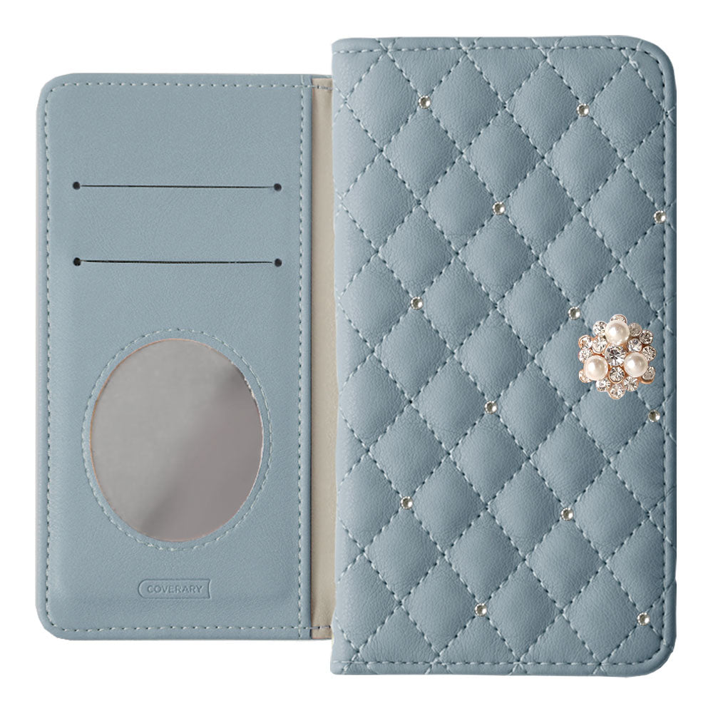 キルティング ミラー付き クリスタルパールデコ 手帳型ケース Google Pixelシリーズ