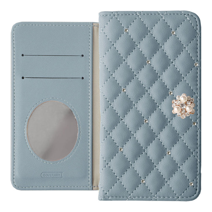 キルティング ミラー付き クリスタルパールデコ 手帳型ケース Google Pixelシリーズ