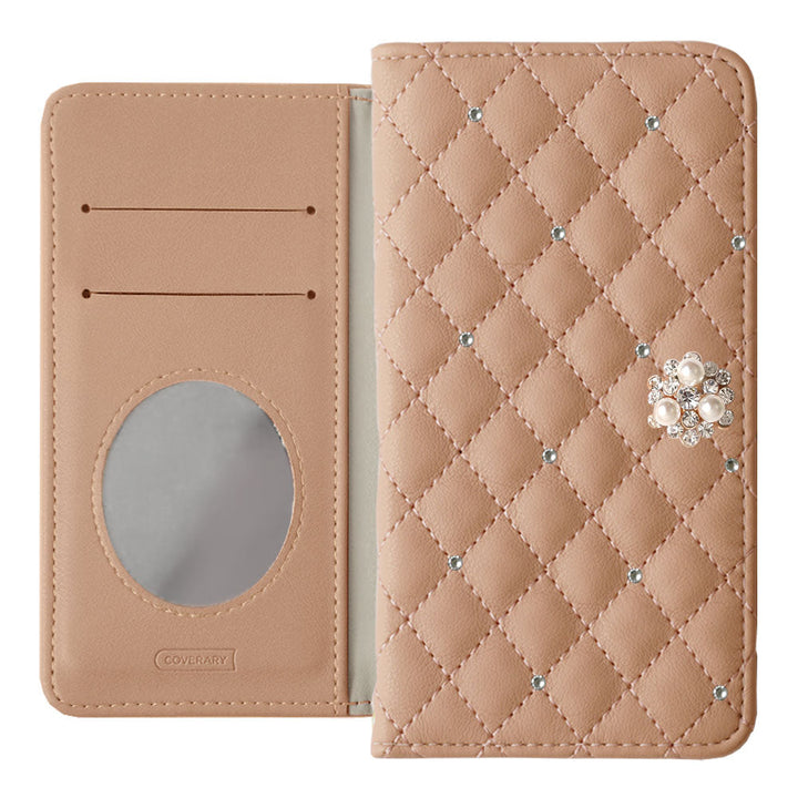 キルティング ミラー付き クリスタルパールデコ 手帳型ケース AQUOSシリーズ