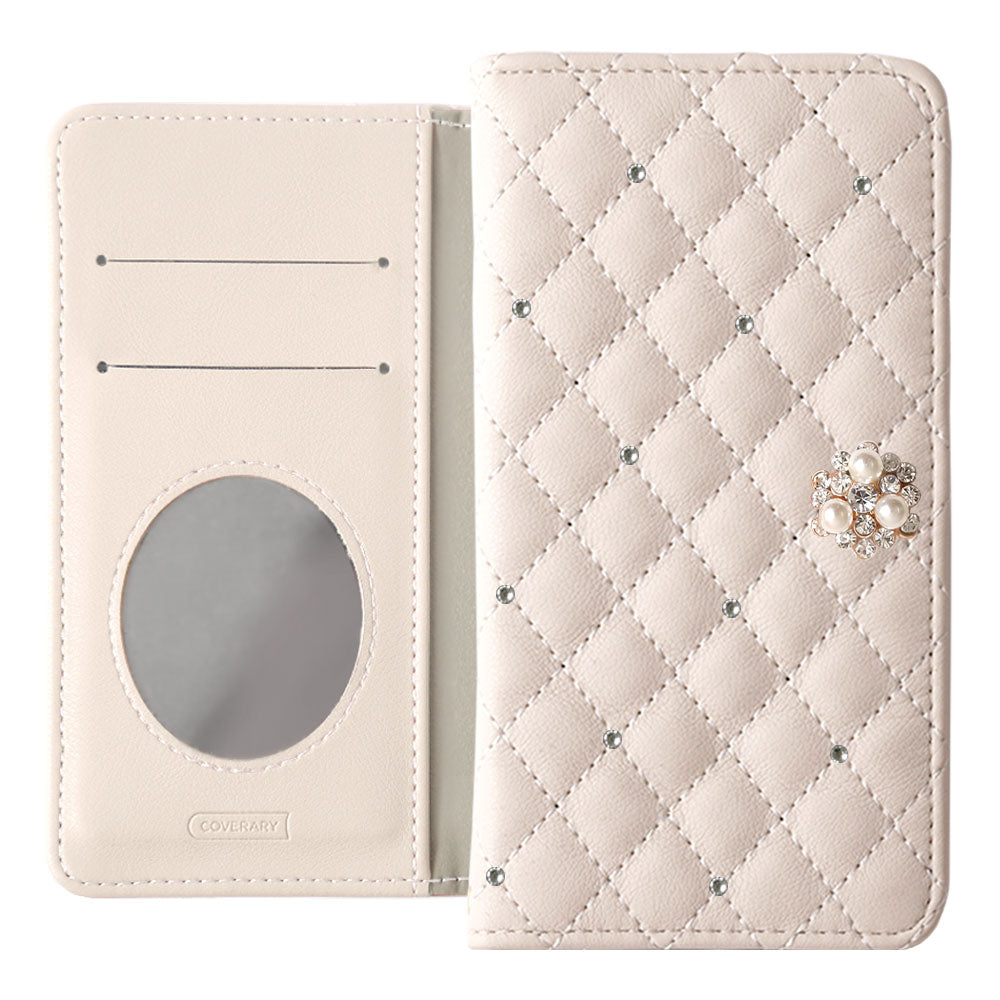 キルティング ミラー付き クリスタルパールデコ 手帳型ケース Google Pixelシリーズ