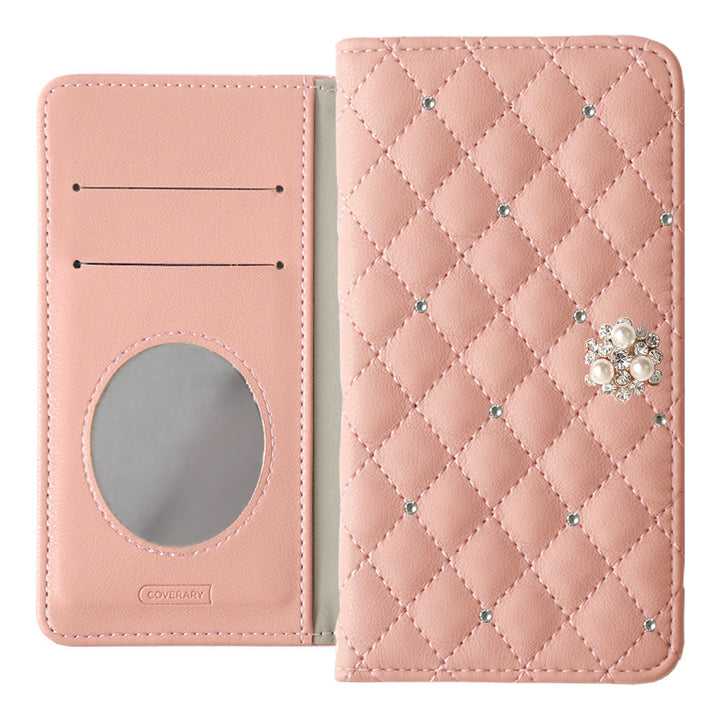 キルティング ミラー付き クリスタルパールデコ 手帳型ケース Galaxyシリーズ