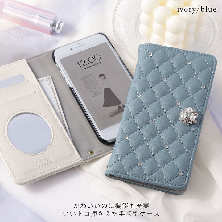 キルティング ミラー付き クリスタルパールデコ 手帳型ケース