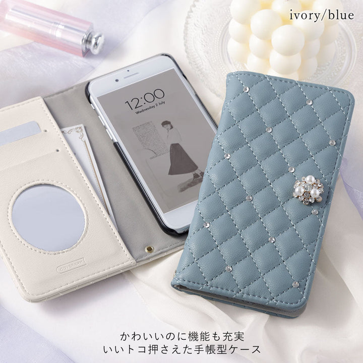キルティング ミラー付き クリスタルパールデコ 手帳型ケース Galaxyシリーズ