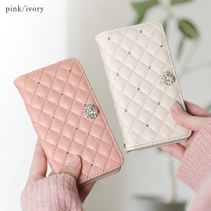 キルティング ミラー付き クリスタルパールデコ 手帳型ケース