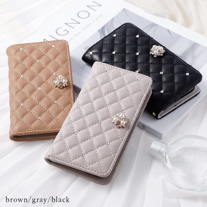 キルティング ミラー付き クリスタルパールデコ 手帳型ケース