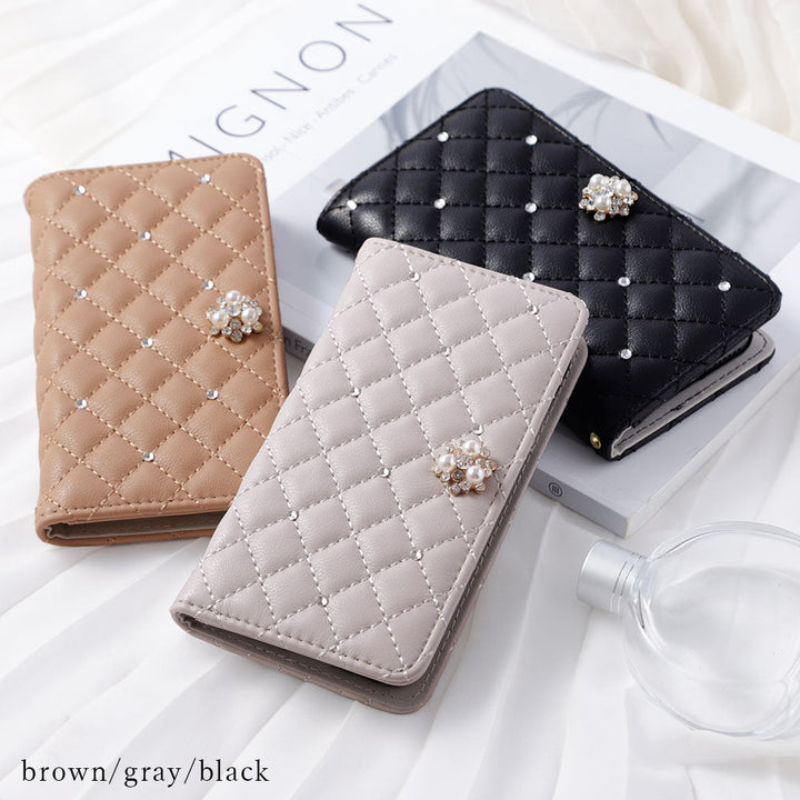 キルティング ミラー付き クリスタルパールデコ 手帳型ケース Google Pixelシリーズ