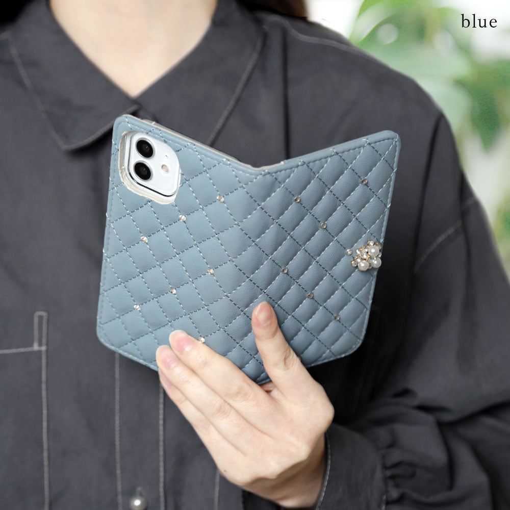 キルティング ミラー付き クリスタルパールデコ 手帳型ケース AQUOSシリーズ