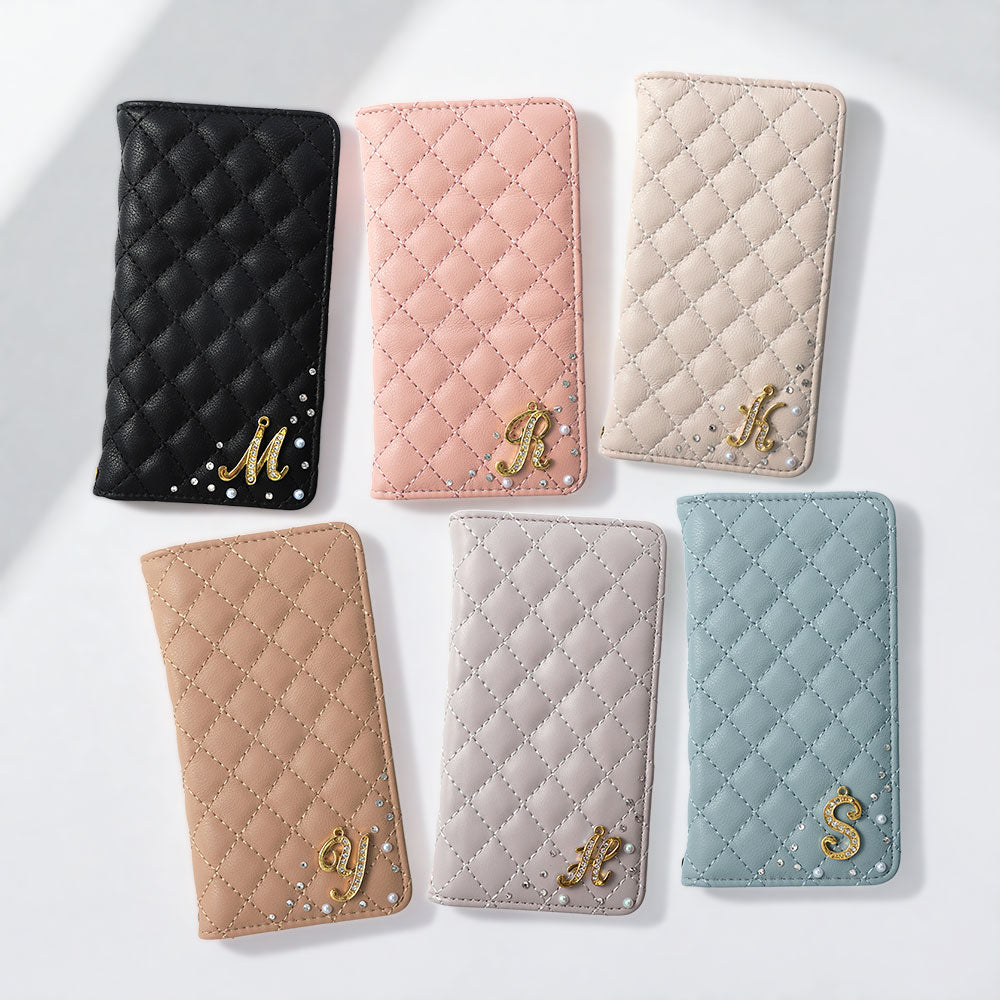 Vegan Leather Quilted Initial Decor Wallet Case with Mirror for Galaxy Series