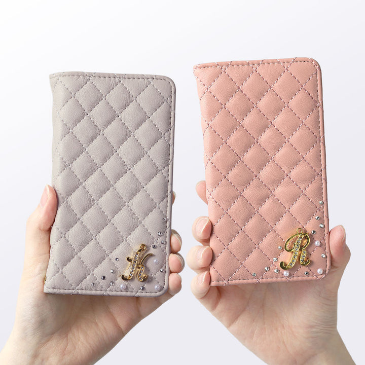 Étui portefeuille matelassé en cuir vegan avec miroir et décoration initiale pour la série Google Pixel