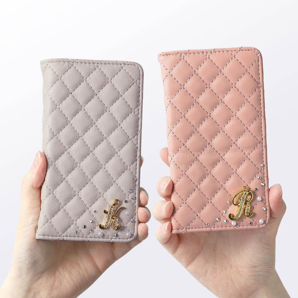 Vegan Leather Quilted Initial Decor Wallet Case with Mirror for Galaxy Series