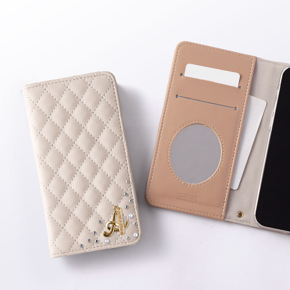 Étui portefeuille matelassé en cuir vegan avec miroir et décoration initiale pour la série Google Pixel
