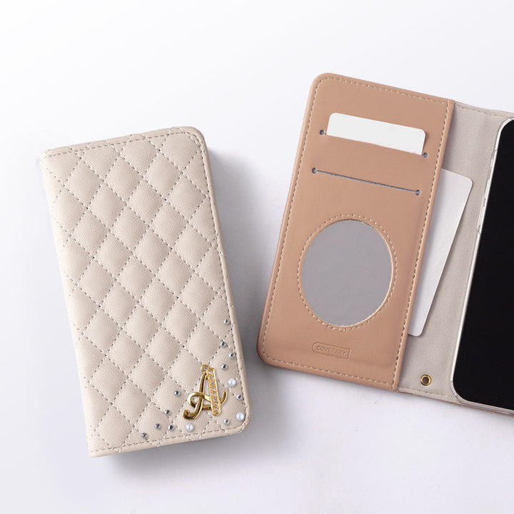 Étui portefeuille matelassé en cuir vegan avec miroir et décoration initiale pour la série Google Pixel