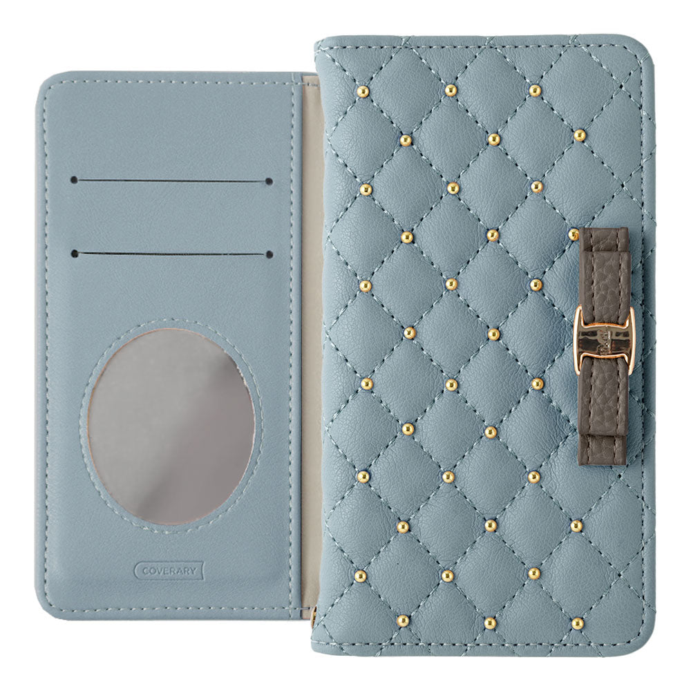 Quilted Ribbon Studs Wallet Case with Mirror for iPhone Series