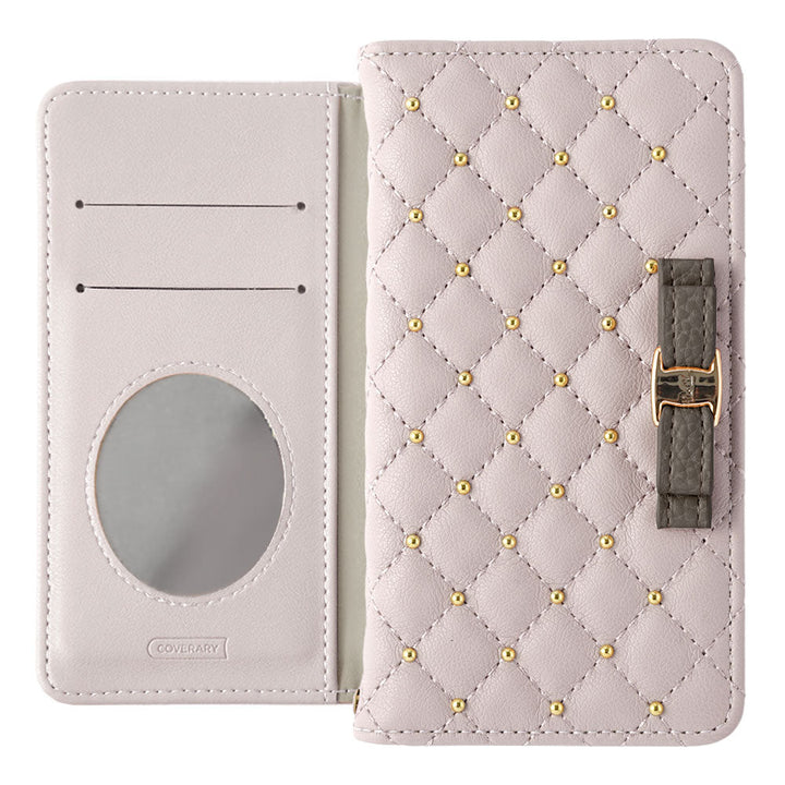 Quilted Ribbon Studs Wallet Case with Mirror for iPhone Series
