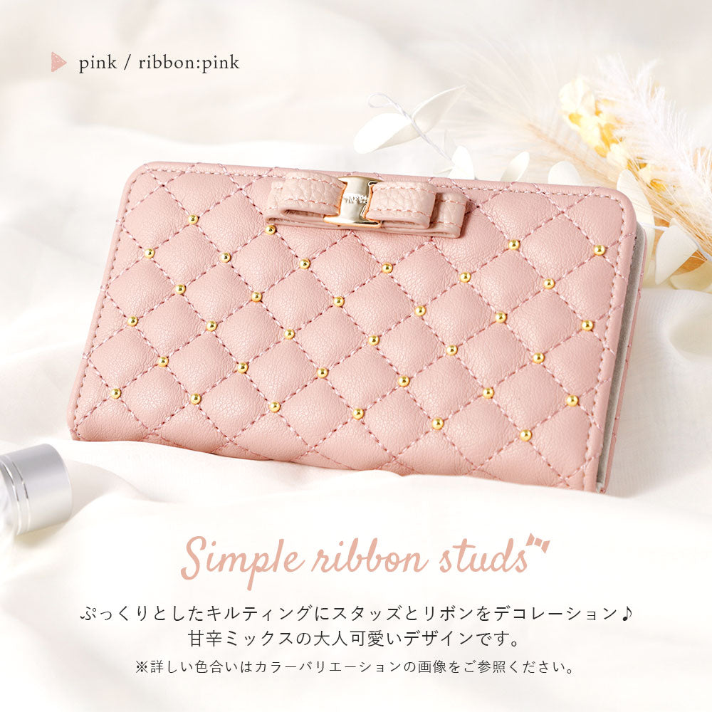 Quilted Ribbon Studs Wallet Case with Mirror for AQUOS Series