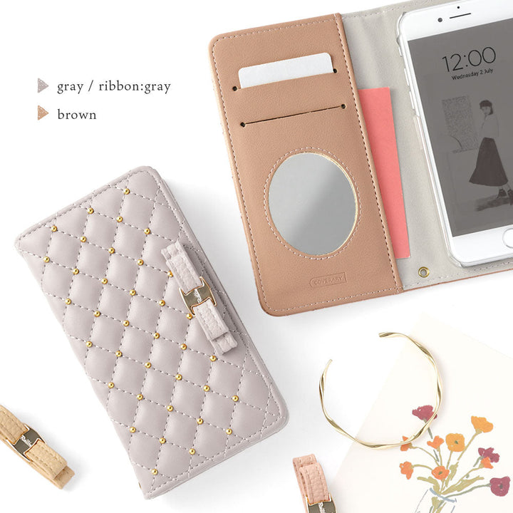 Quilted Ribbon Studs Wallet Case with Mirror for AQUOS Series