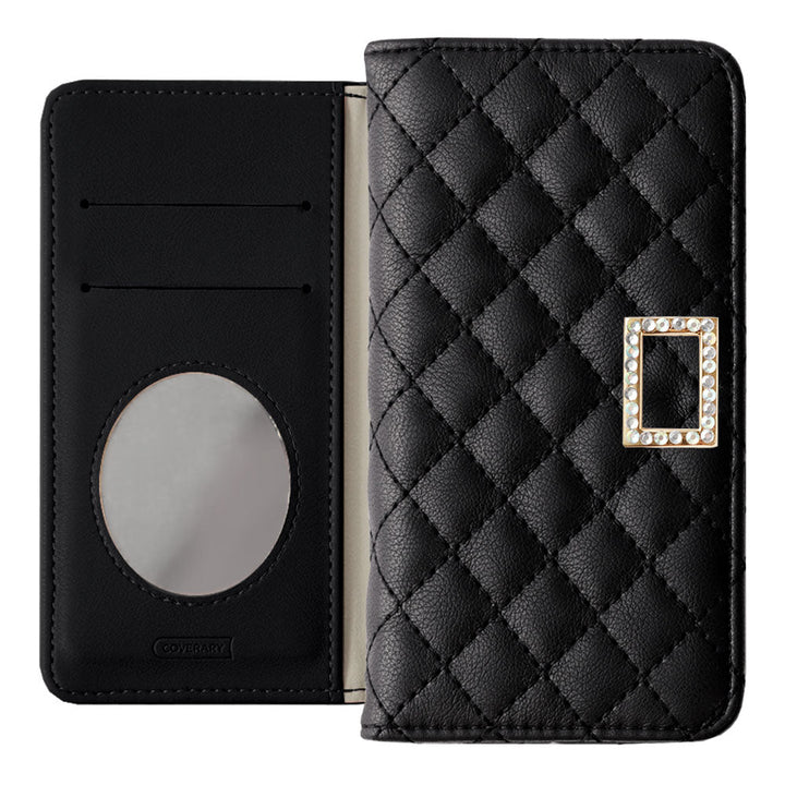 Étui portefeuille à motif matelassé avec miroir et décoration en pierre carrée pour la série Xperia