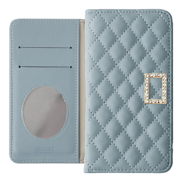 Étui portefeuille à motif matelassé avec miroir et décoration en pierre carrée pour la série Xperia