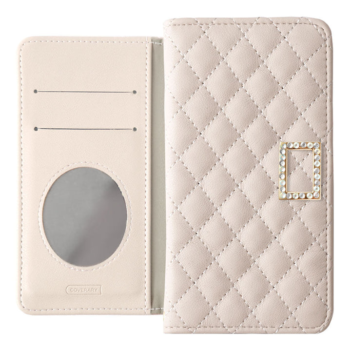 Étui portefeuille à motif matelassé avec miroir et décoration en pierre carrée pour la série Xperia