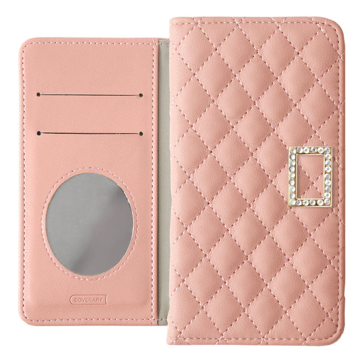 Étui portefeuille à motif matelassé avec miroir et décoration en pierre carrée pour la série Xperia