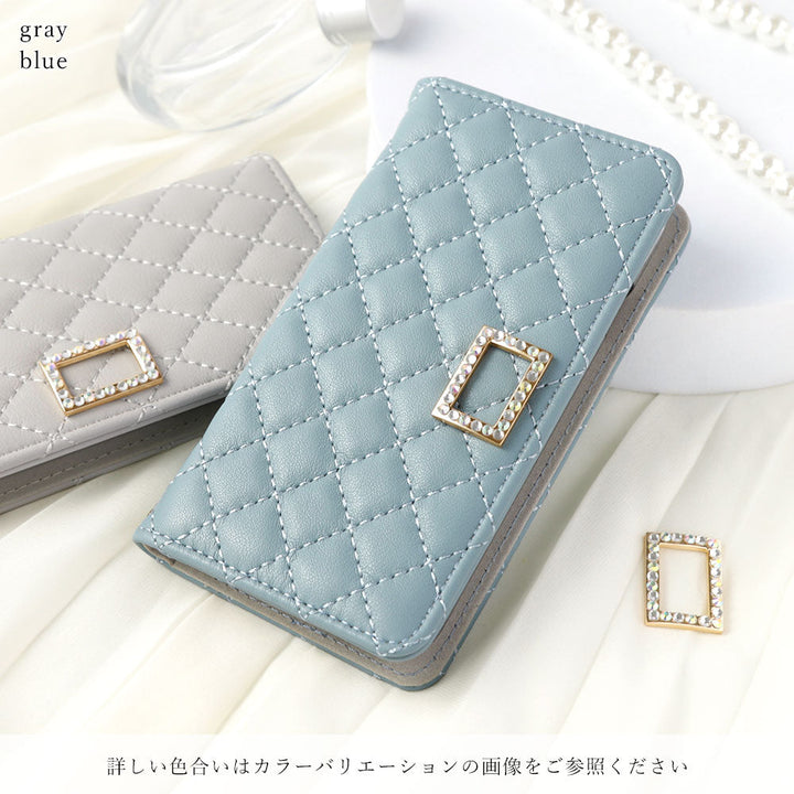 キルティング ミラー付き ストーンスクエアデコ 手帳型ケース Galaxyシリーズ