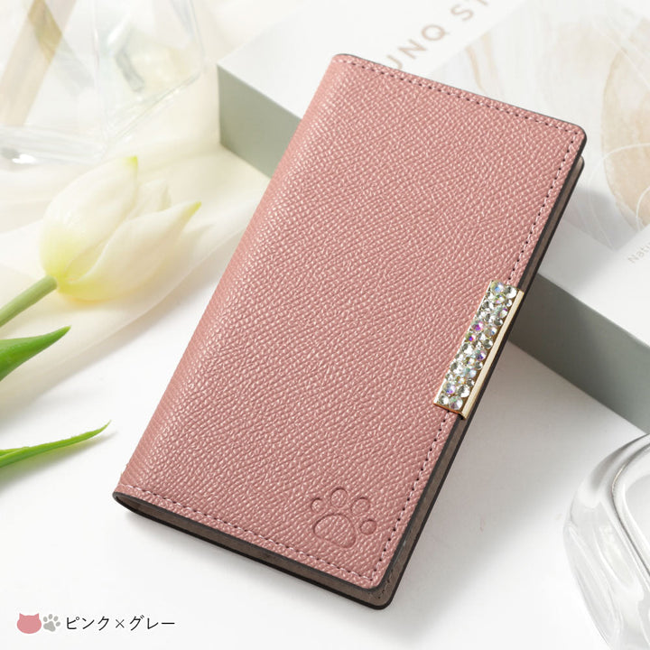 Vegan leather cat-shaped pocket bicolor stone frame decoration stand function notebook-style case AQUOS series