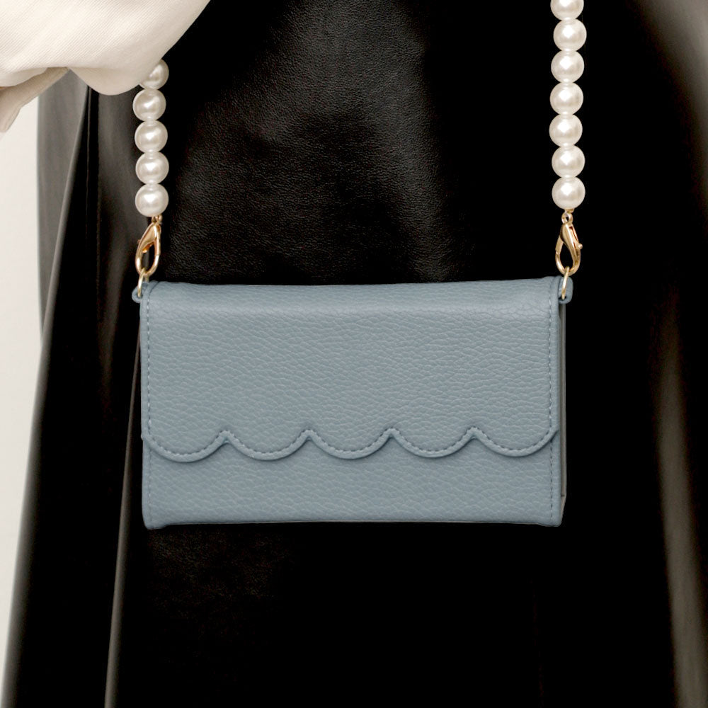 Étui portefeuille pliable en trois parties en cuir végan avec bord festonné et sangle perle pour la série Galaxy