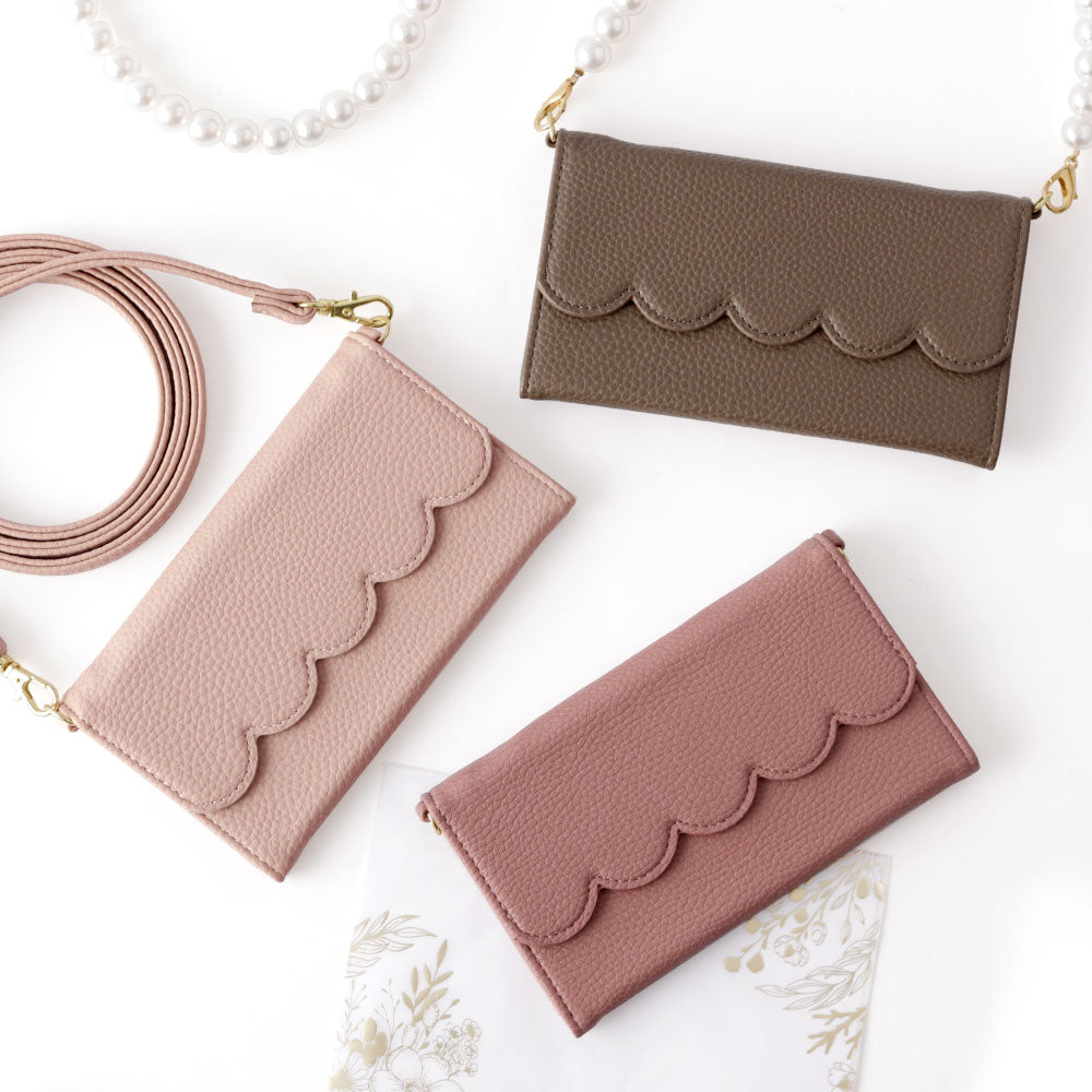 Vegan leather tri-fold scallop-shaped pearl strap attached folio case for iPhone series