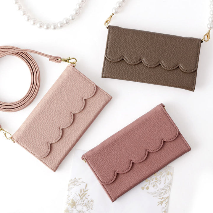 Vegan leather tri-fold scallop-shaped pearl strap attached folio case for iPhone series