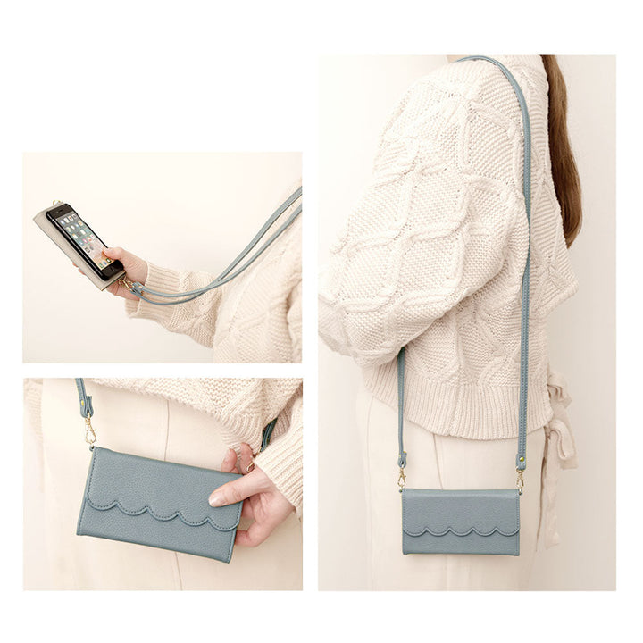 Étui portefeuille pliable en trois parties en cuir végan avec bord festonné et sangle perle pour la série Galaxy