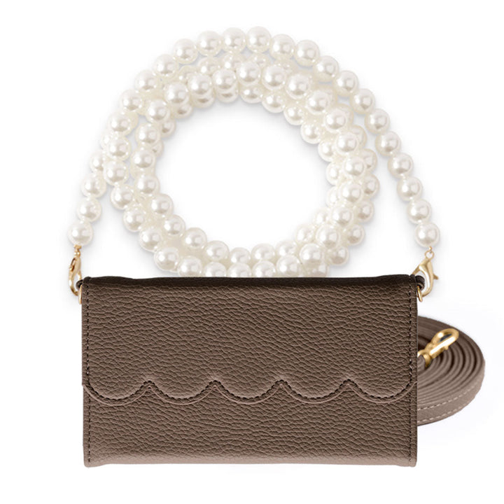 Vegan leather tri-fold scallop-shaped pearl strap attached folio case for iPhone series