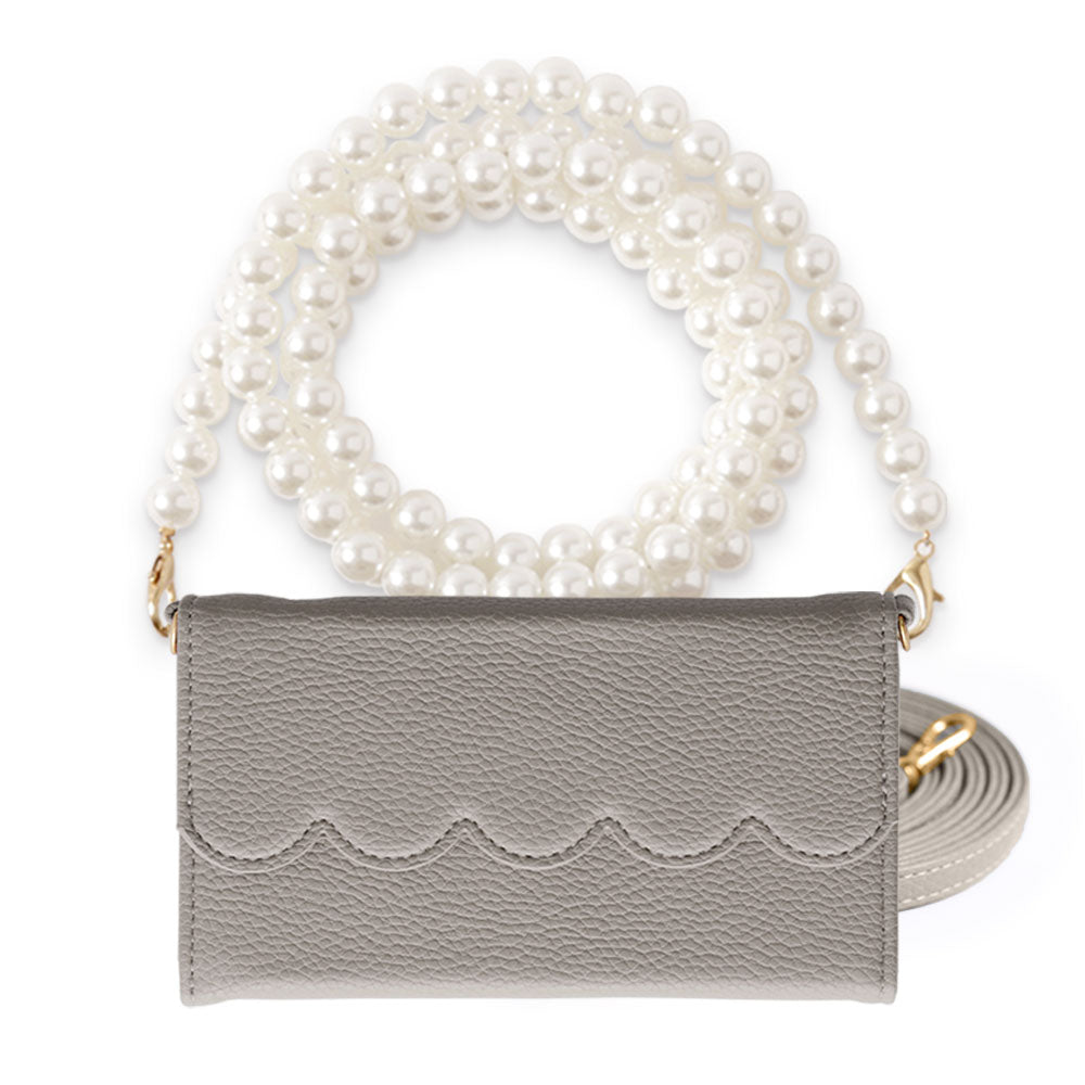 Vegan leather tri-fold scallop-shaped pearl strap attached folio case for iPhone series