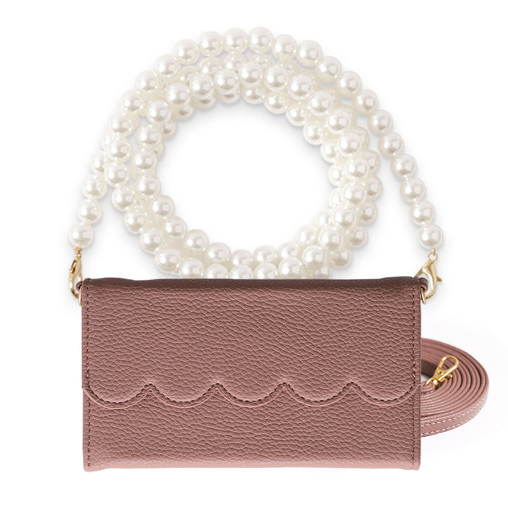 Étui portefeuille pliable en trois parties en cuir végan avec bord festonné et sangle perle pour la série Galaxy