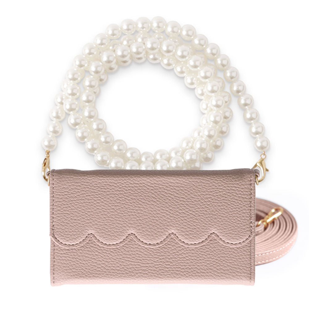 Vegan leather tri-fold scallop-shaped pearl strap attached folio case for iPhone series