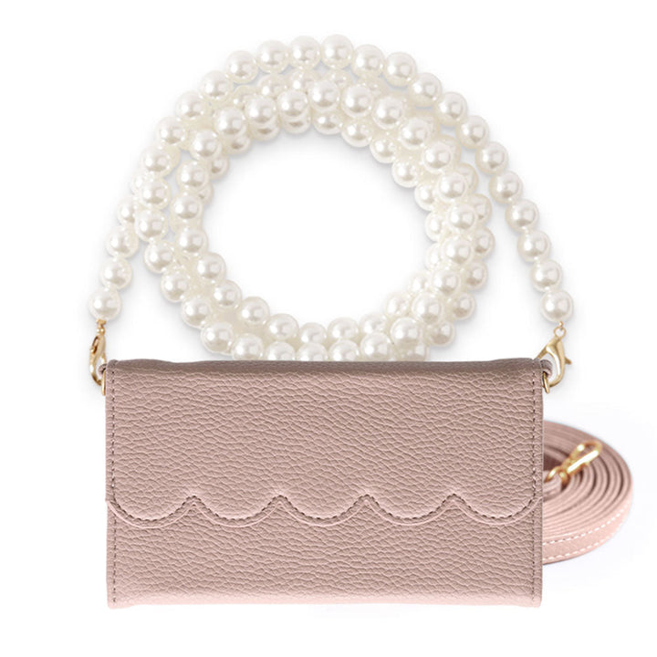 Vegan leather tri-fold scallop-shaped pearl strap attached folio case for iPhone series