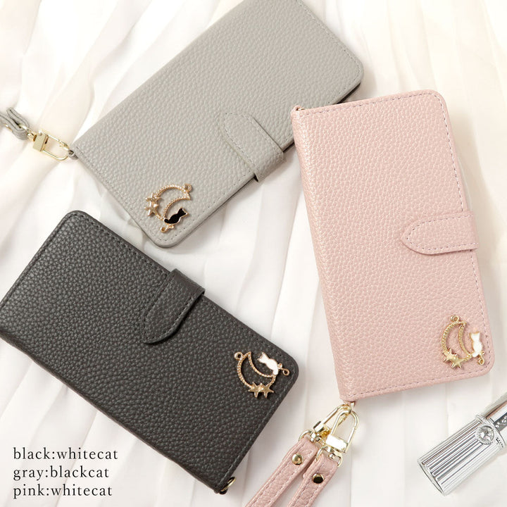 Vegan leather dusty color moon cat deco strap attached notebook-style case (with belt) for iPhone series