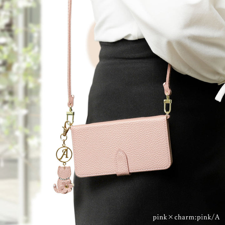 Vegan leather dusty color strap & cat flower initial charm attached notebook-style case (with belt) for iPhone series