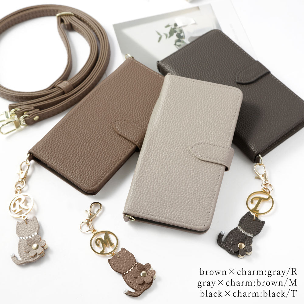 Étui portefeuille avec sangle en cuir végan couleur poussiéreuse et breloque initiale fleur de chat (avec ceinture) pour la série Xperia