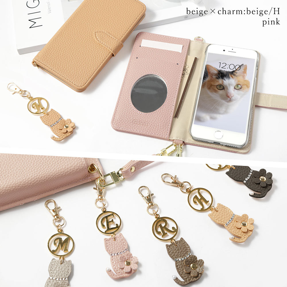 Étui portefeuille avec sangle en cuir végan couleur poussiéreuse et breloque initiale fleur de chat (avec ceinture) pour la série Xperia